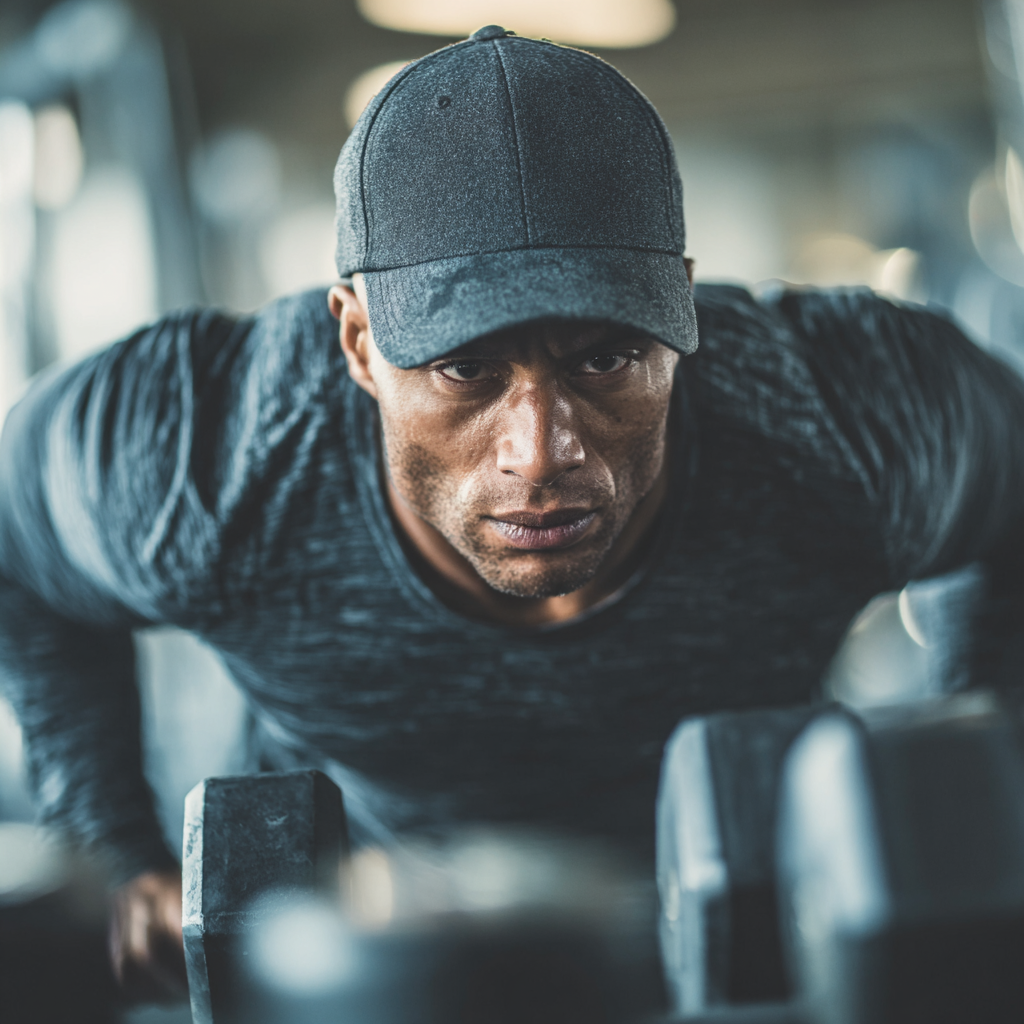 Focused athlete performing strength training in modern gym with determination